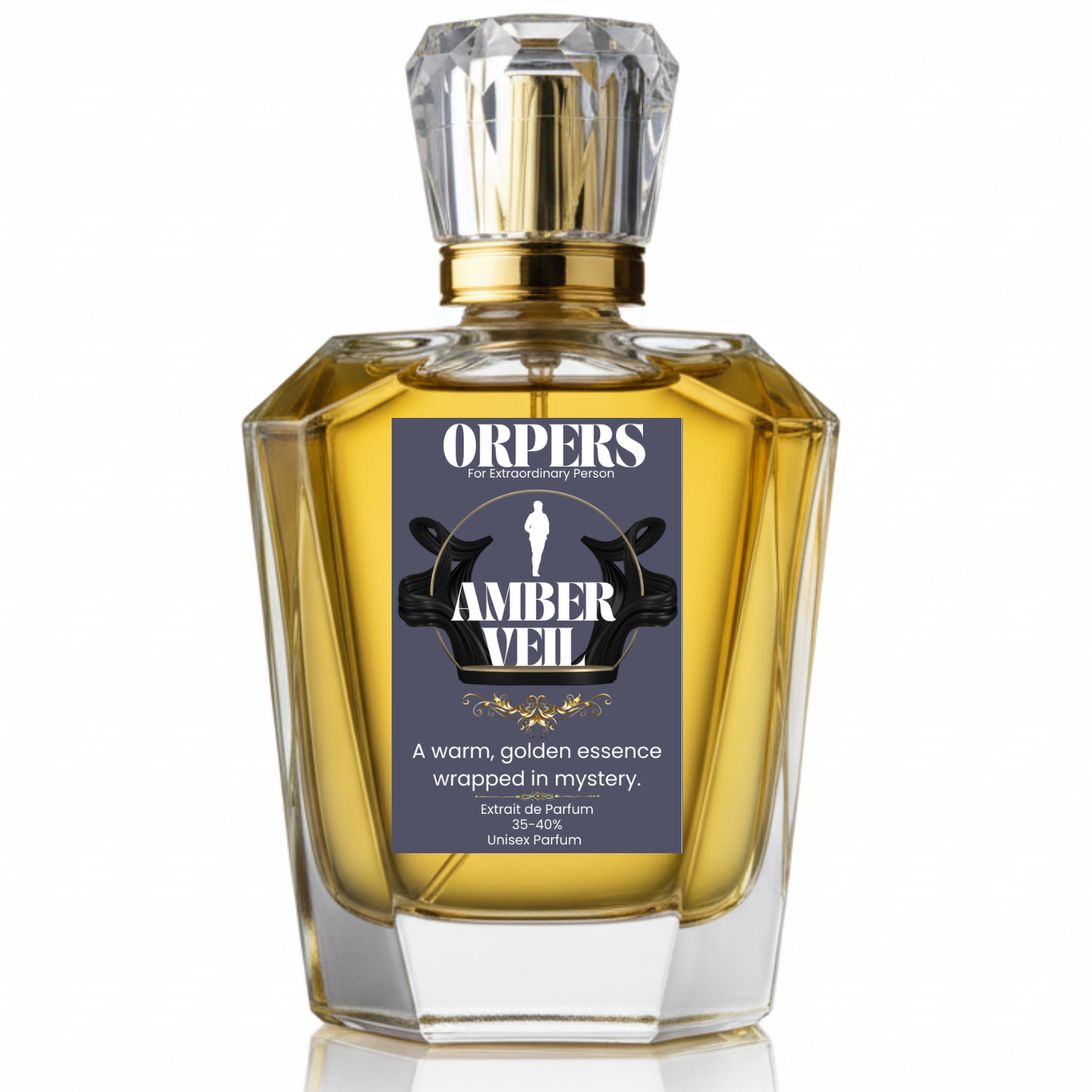ORPERS Amber Veil Extrait de Parfum bottle with golden liquid, crystal cap, and dark elegant label on neutral background.