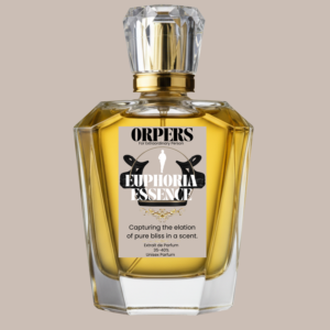 ORPERS Euphoria Essence Extrait de Parfum bottle with golden liquid, crystal cap, and luxury beige label on neutral background