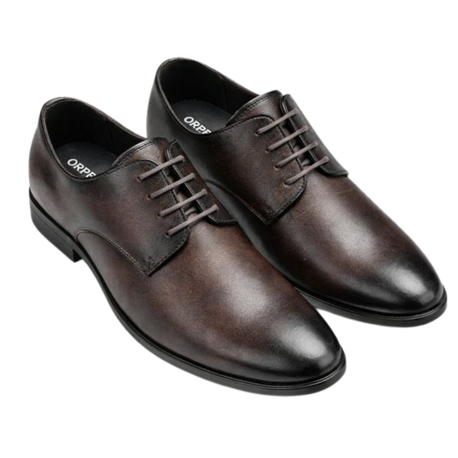 Pair of ORPERS brown gradient leather Oxford shoes with closed lacing and smooth polished finish on a clean white background.