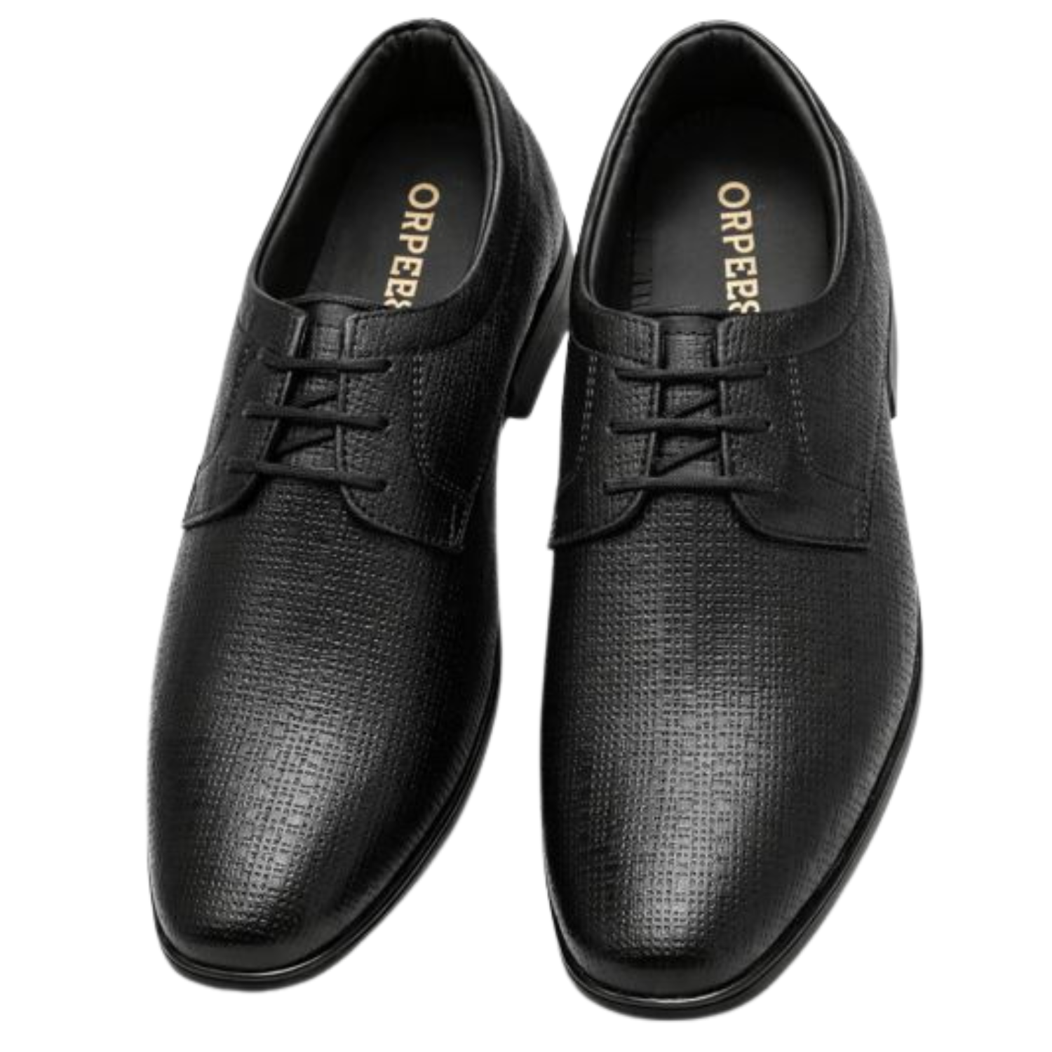 Top view of ORPERS black textured leather Oxford shoes with closed lace design and fine grain finish.