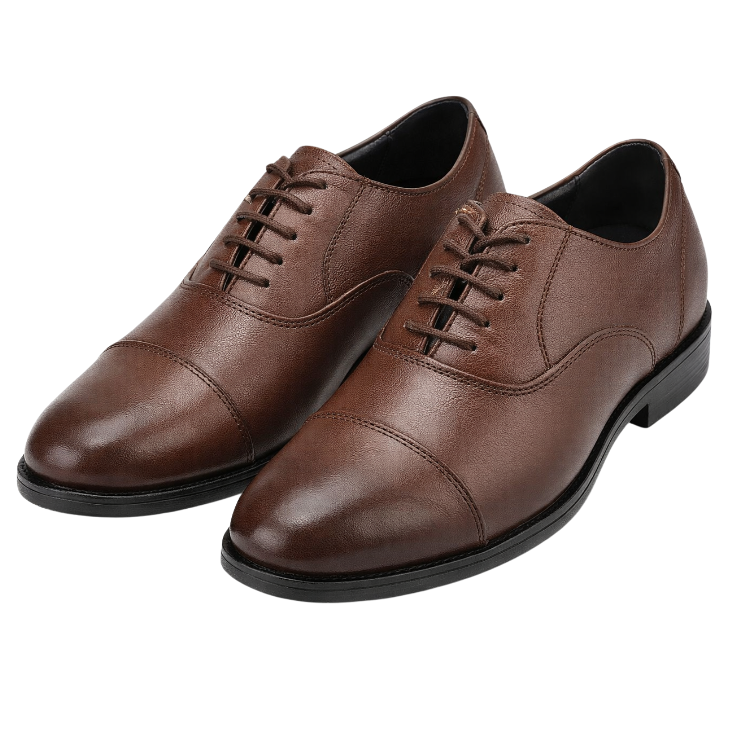 Brown leather cap-toe Oxford formal shoes with closed lacing and black sole, displayed on a white background.