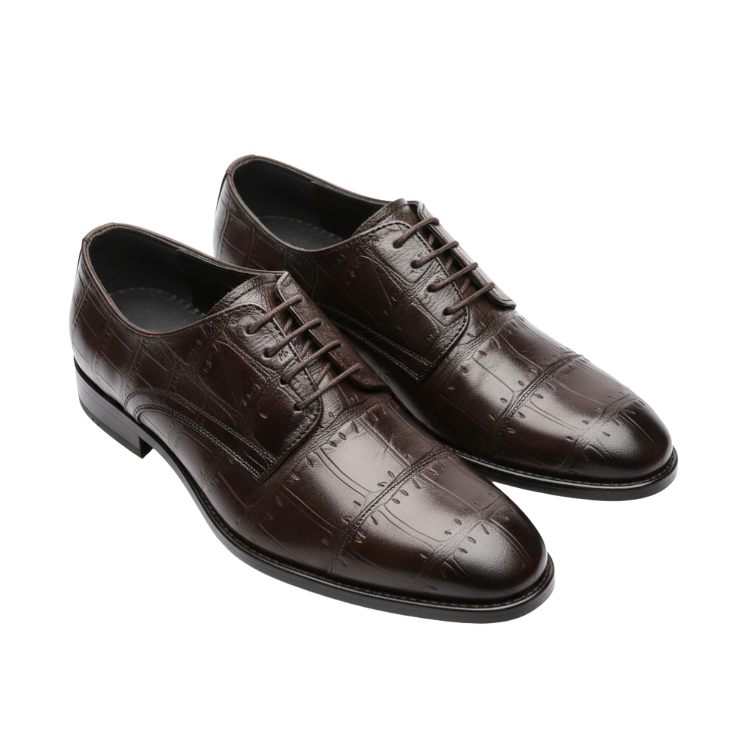 Pair of dark brown crocodile-textured leather cap-toe Oxford shoes with closed lacing, displayed on a clean white background.