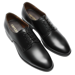Pair of ORPERS black Derby lace-up formal shoes with smooth leather finish and open lacing, displayed on a clean white background.