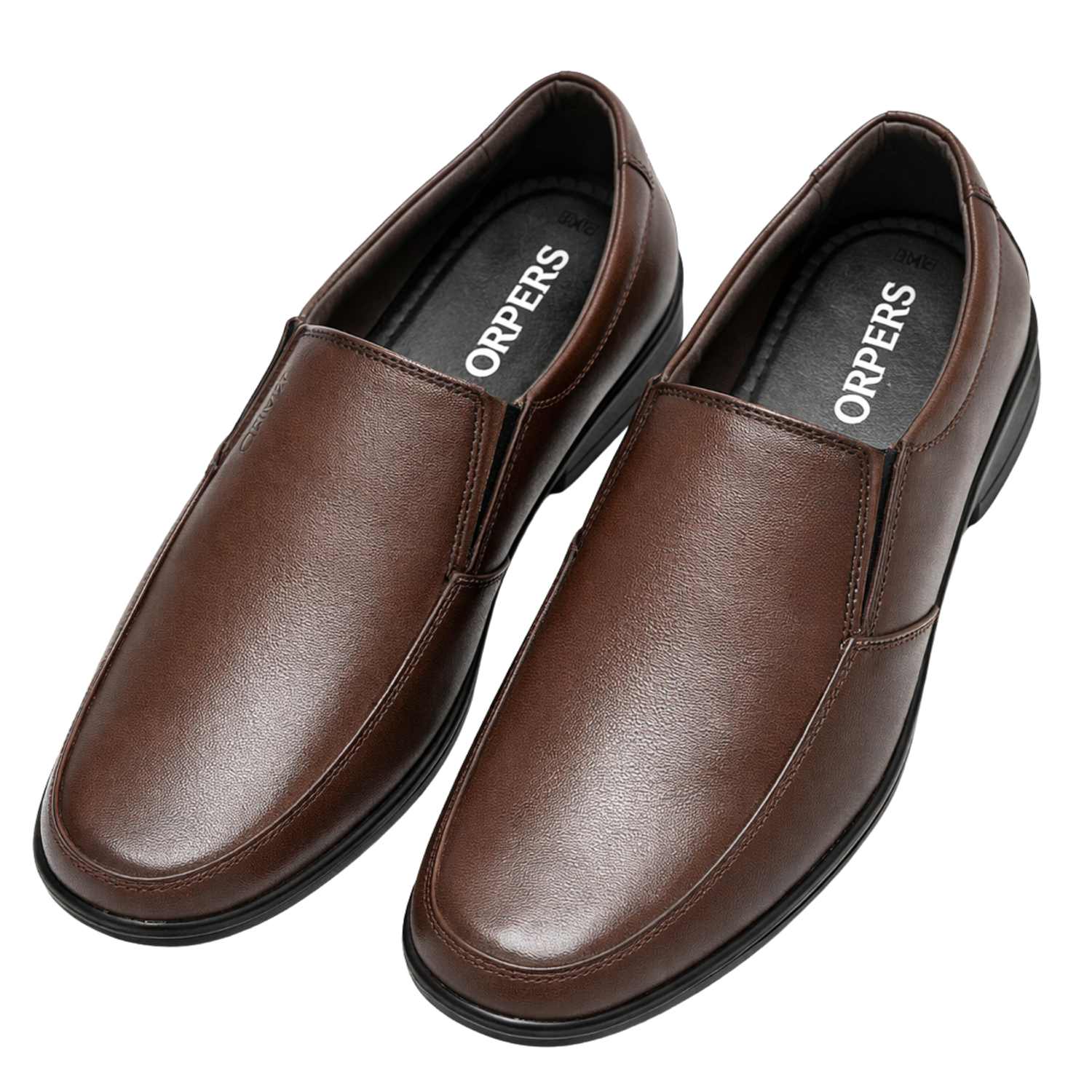 ORPERS brown leather slip-on formal shoes for men with smooth finish and cushioned interior