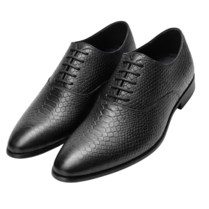 Pair of black textured leather Oxford shoes with lace-up closure and reptile-pattern finish