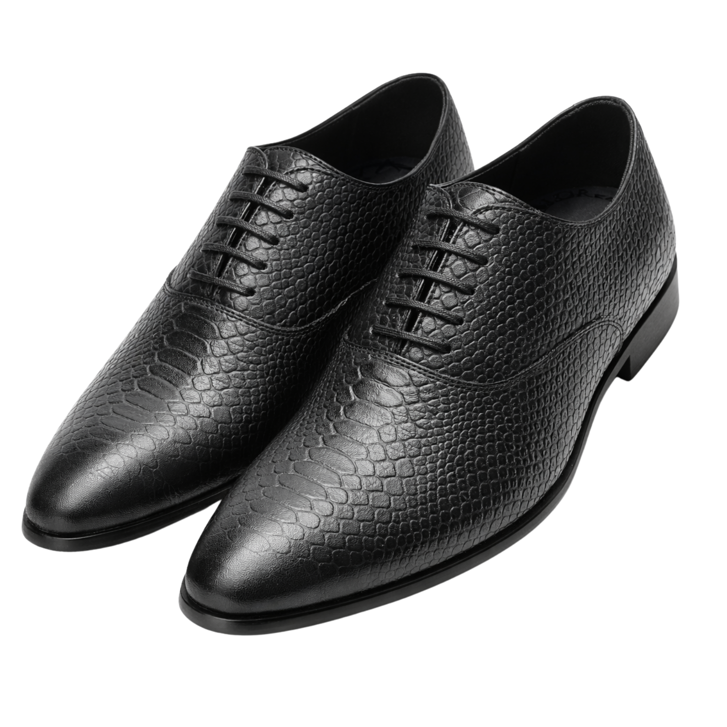 Pair of black textured leather Oxford shoes with lace-up closure and reptile-pattern finish