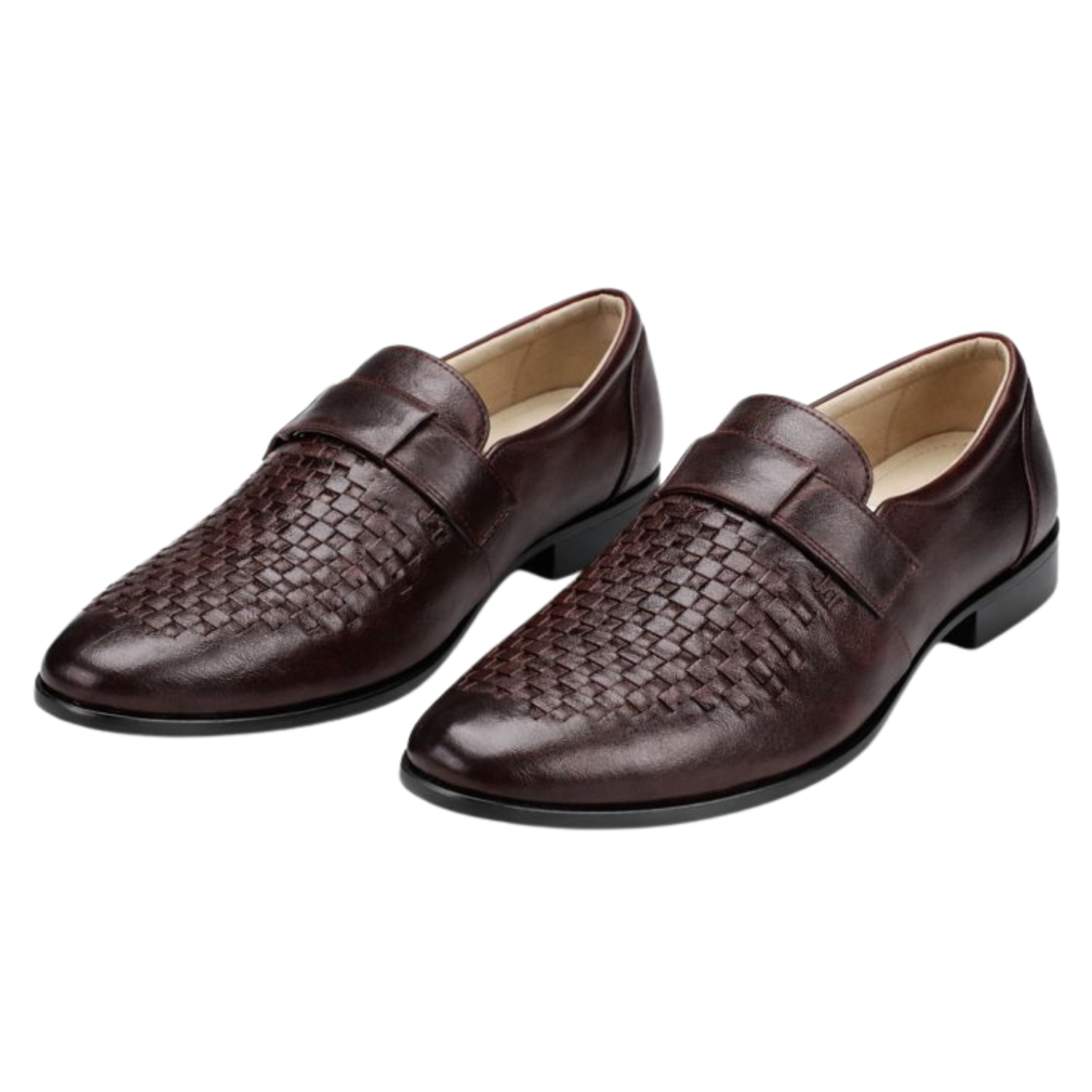 Pair of brown woven leather penny loafers with smooth finish and low stacked heel