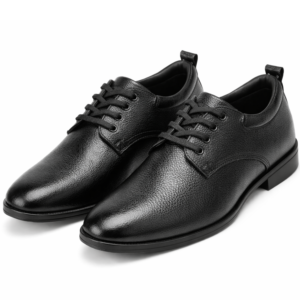 Black textured leather lace-up formal shoes with a classic closed-lace Oxford design on a white background