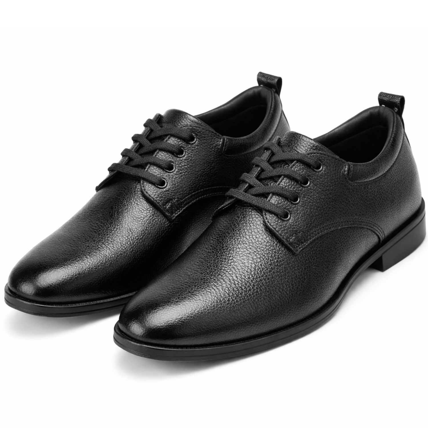 Black textured leather lace-up formal shoes with a classic closed-lace Oxford design on a white background