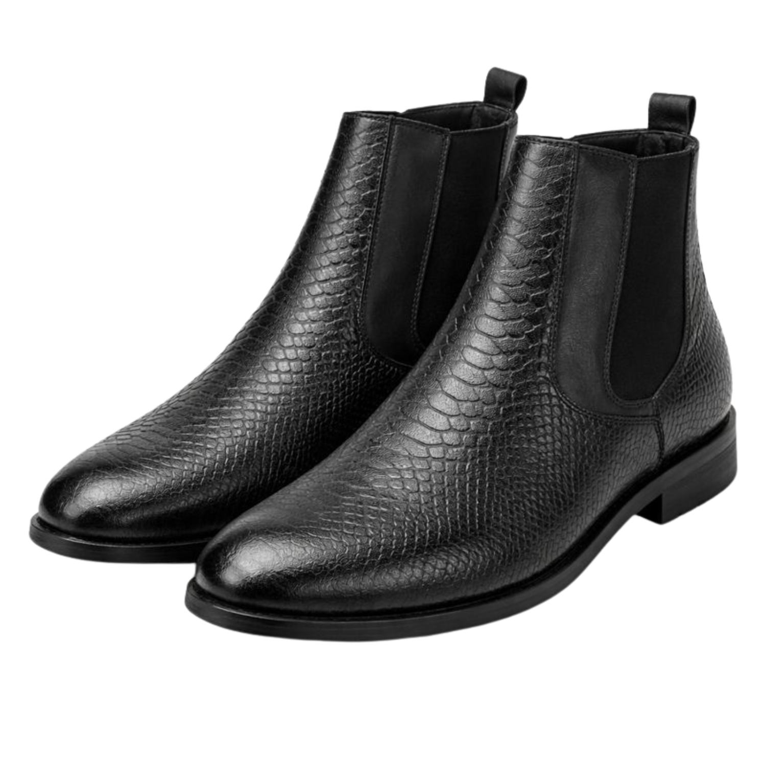 Pair of black textured leather Chelsea boots with elastic side panels and pull tabs, featuring a reptile-pattern finish.