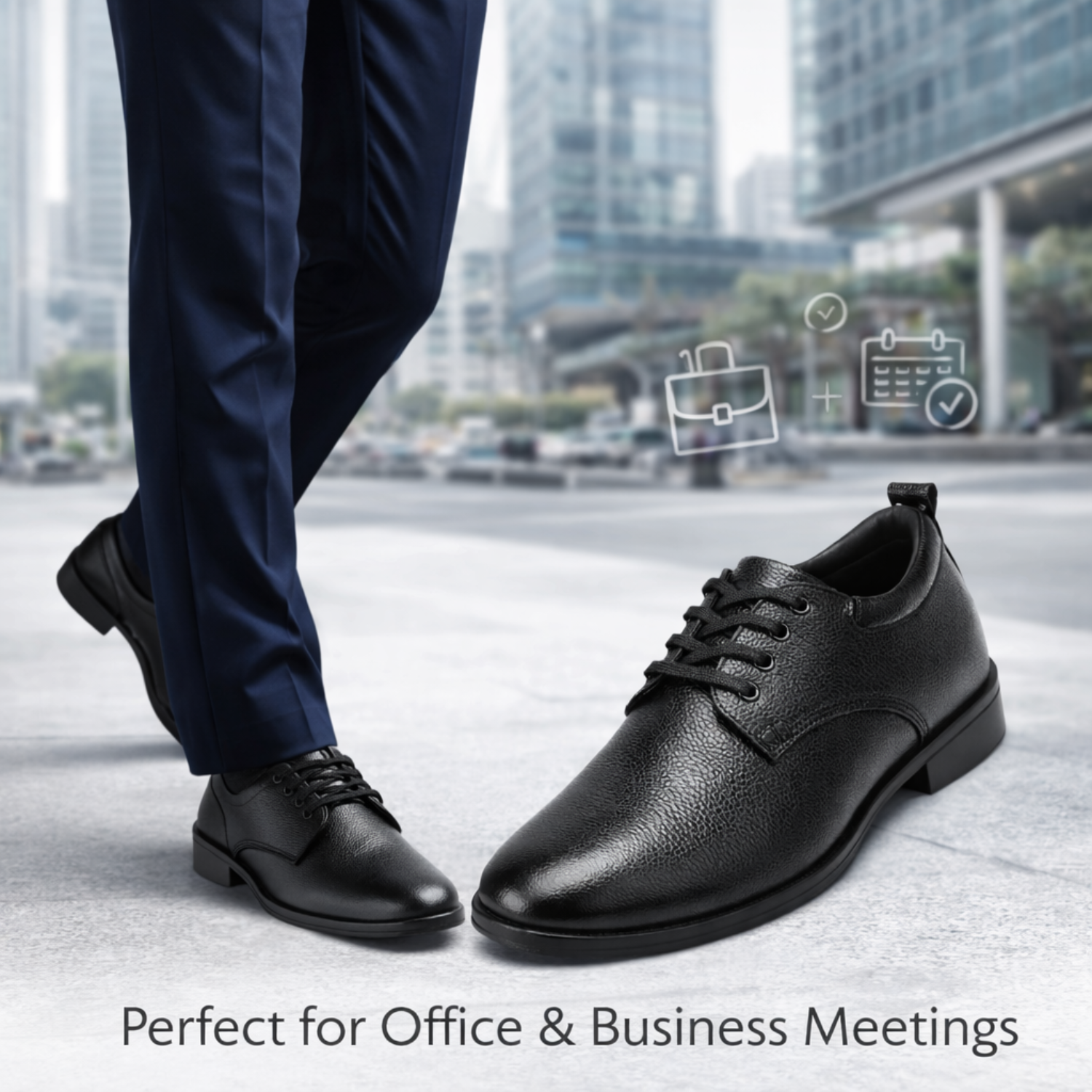 ORPERS black formal leather shoes styled for office and business meetings with a professional city backdrop.