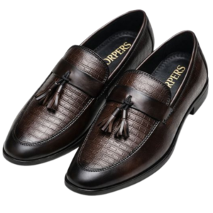 ORPERS brown tassel loafers with textured leather finish and decorative tassels on the front.