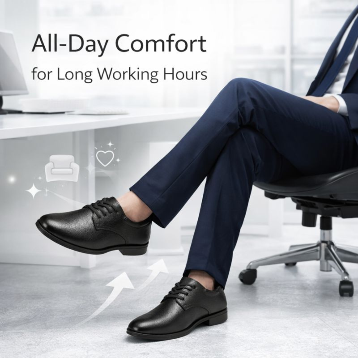 ORPERS black formal leather shoes worn in an office setting highlighting all-day comfort for long working hours.