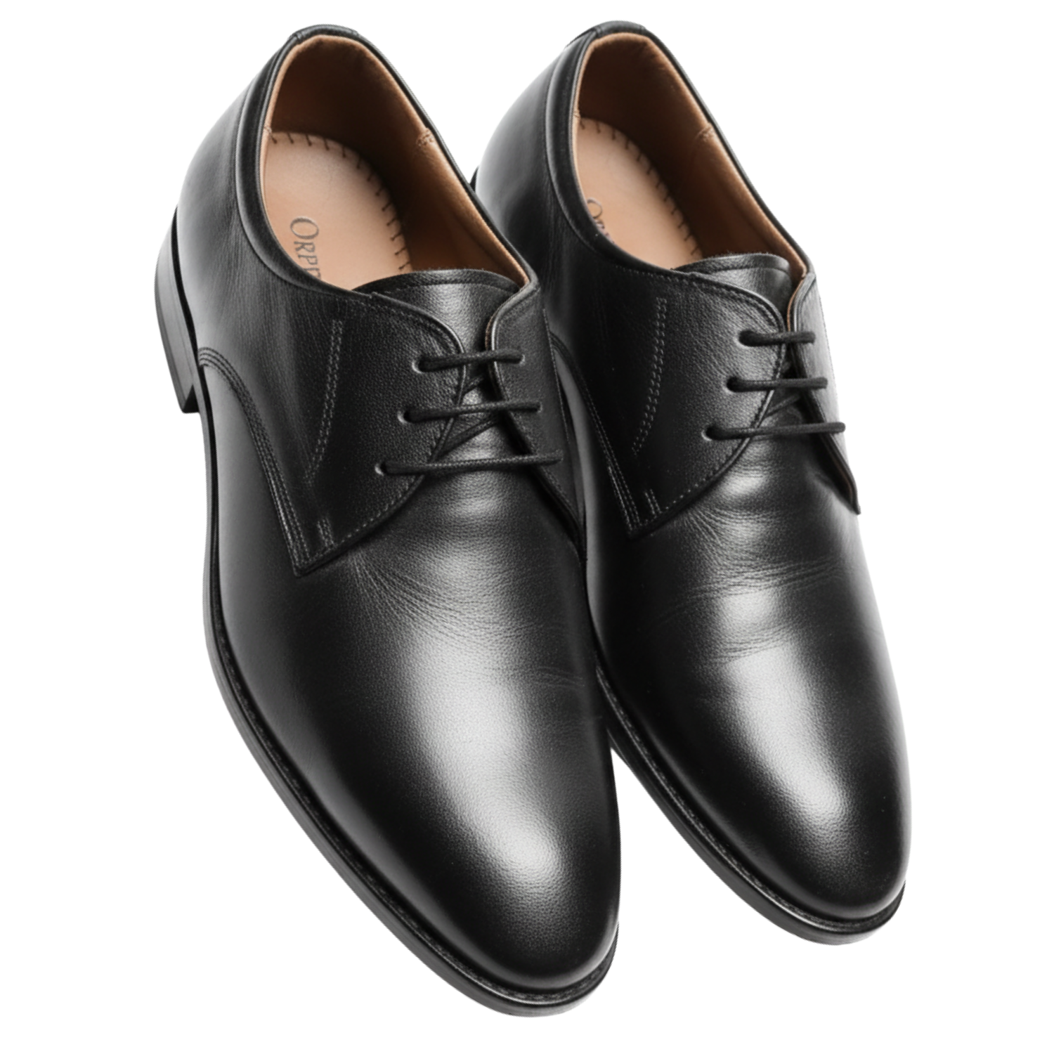 ORPERS black plain-toe Derby formal shoes with lace-up closure and smooth leather finish on white background.