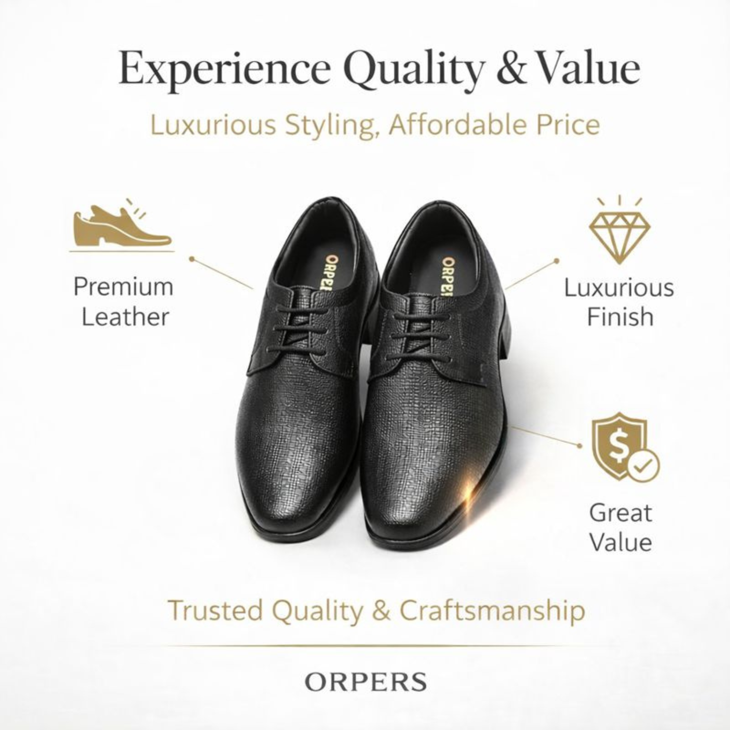 Top view of ORPERS black textured leather Oxford shoes highlighting premium leather, luxurious finish, and great value features.