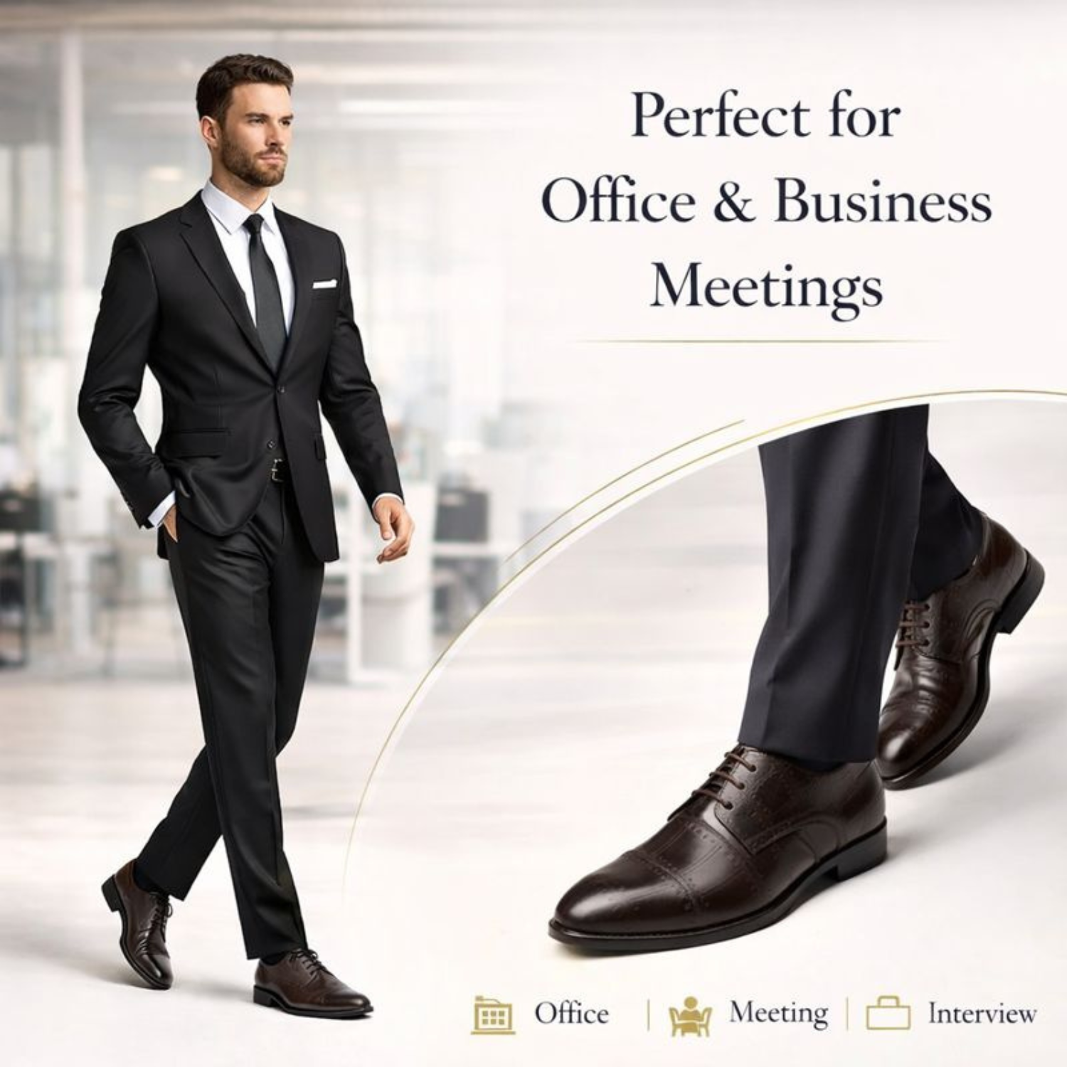 Man wearing ORPERS brown premium leather Oxford shoes with black formal suit, perfect for office, business meetings and interviews.