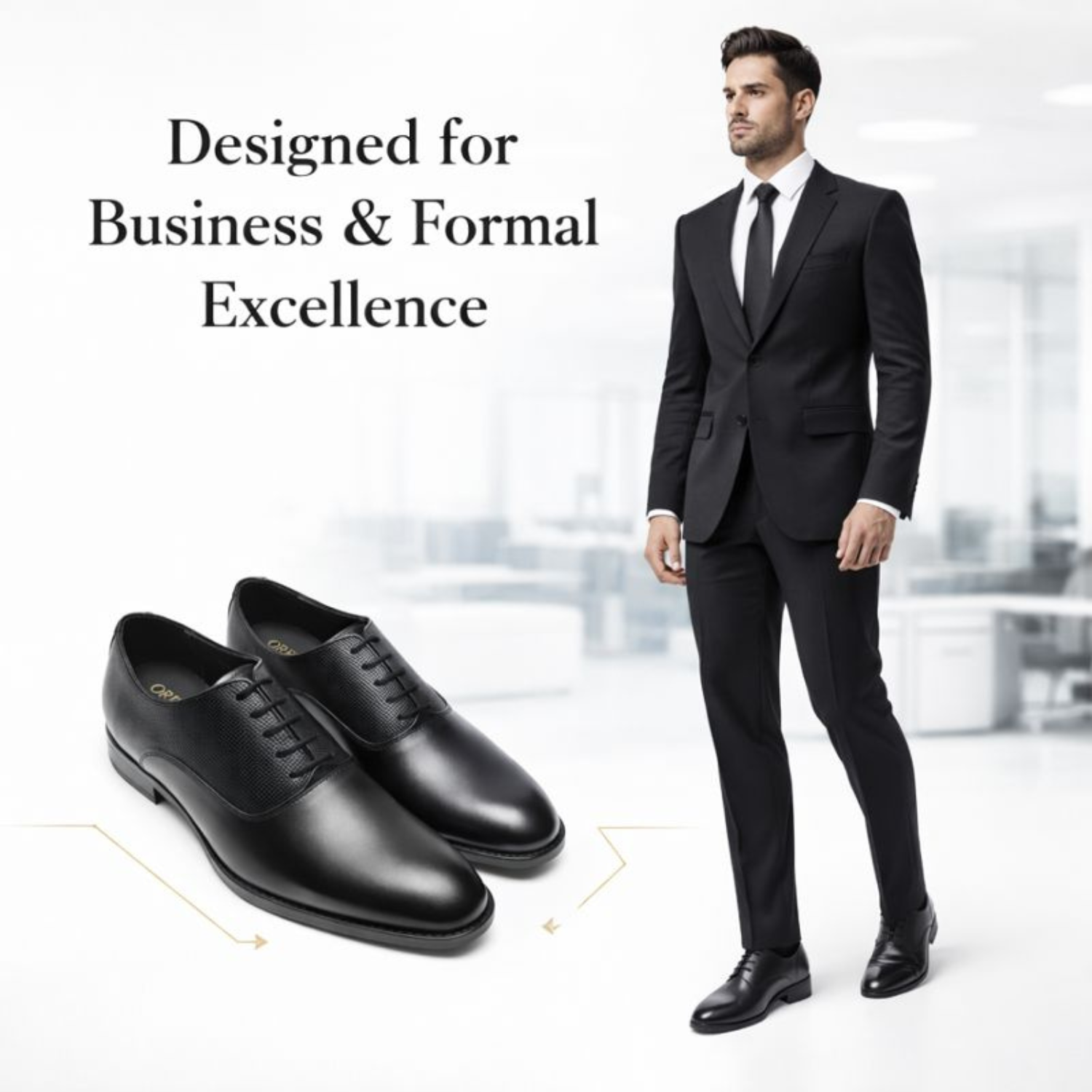 Man wearing black formal suit with ORPERS black plain toe Oxford shoes, designed for business and formal occasions