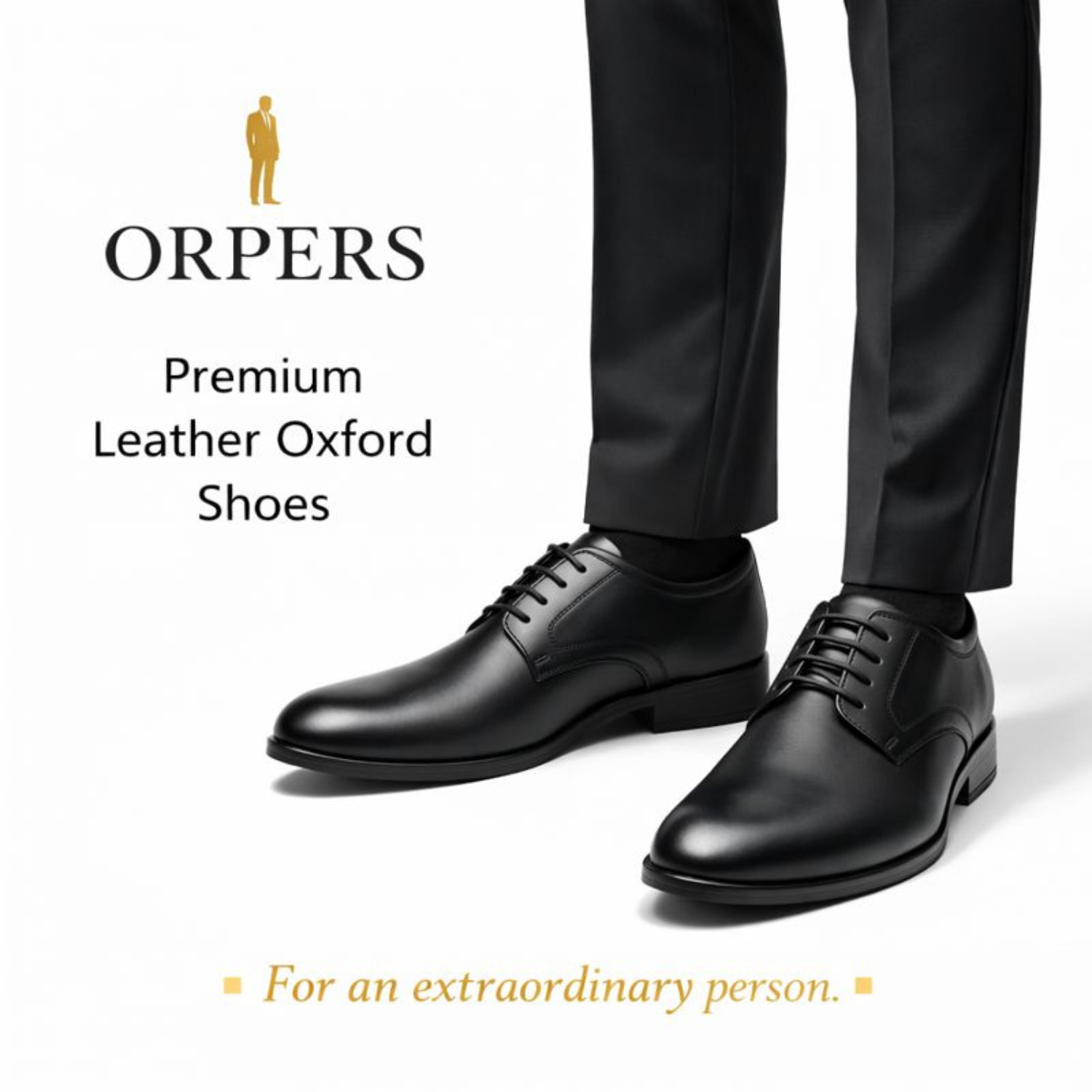 Man wearing ORPERS premium black leather Oxford shoes with plain toe and closed lacing