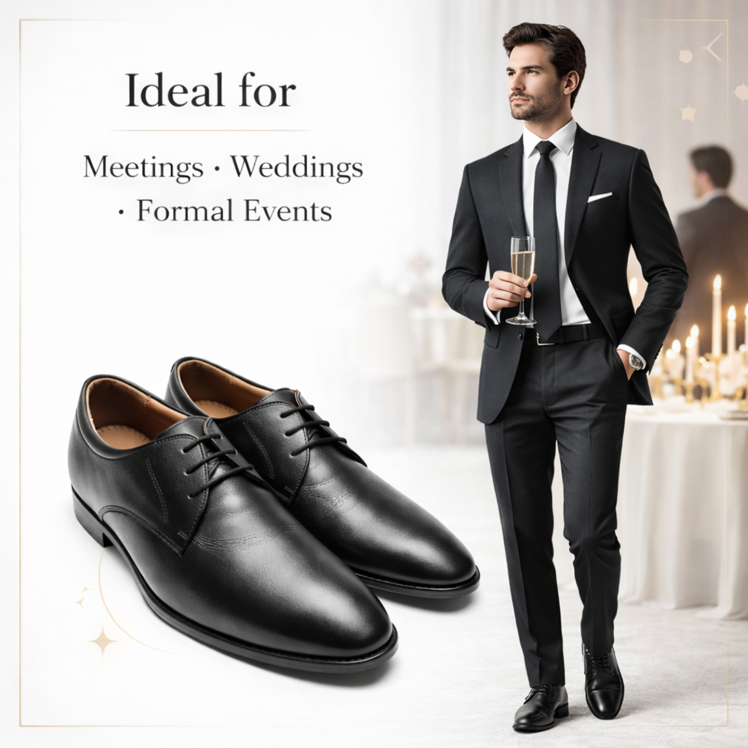 Man wearing black leather Oxford shoes with black suit at a formal event, ORPERS plain toe lace-up shoes