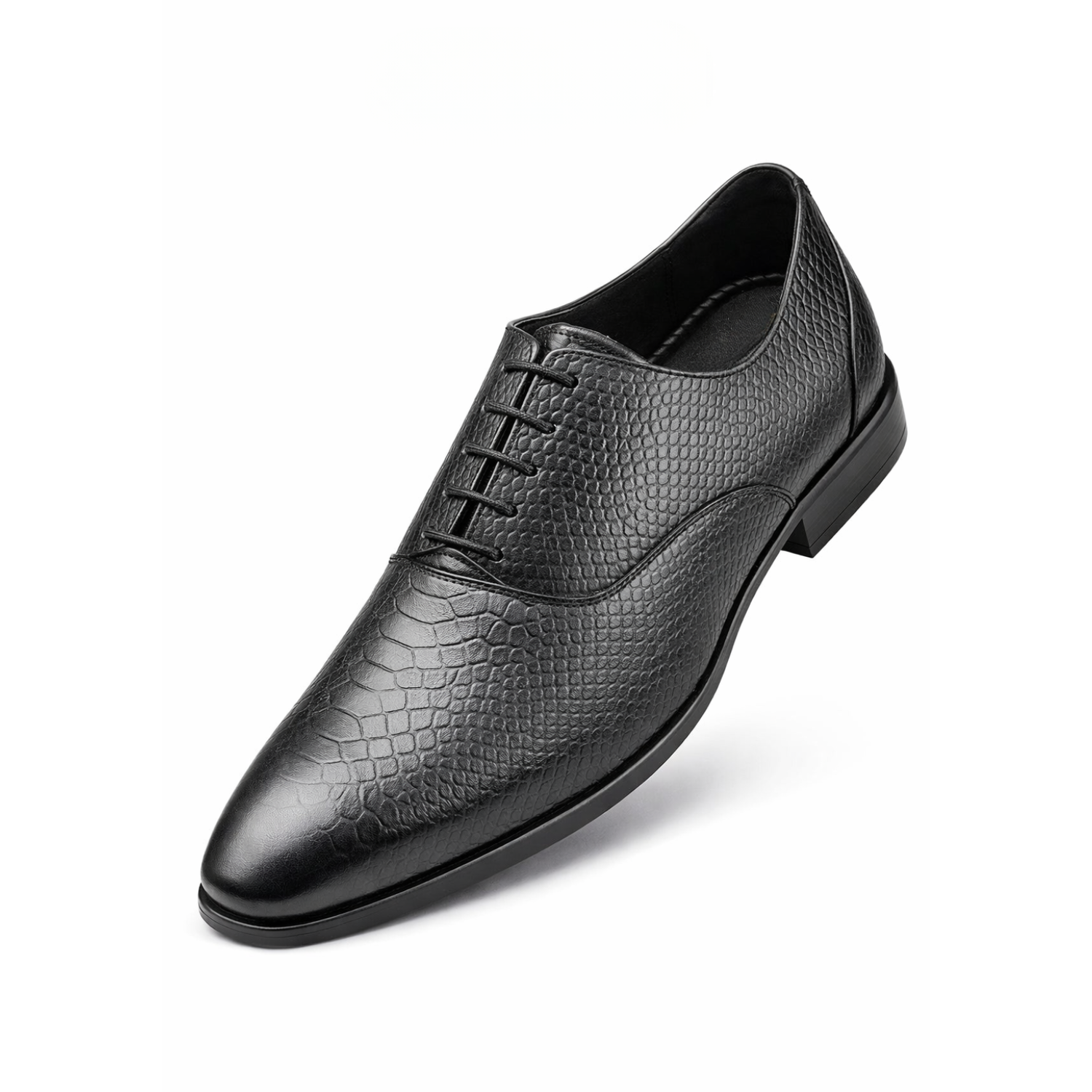 Pair of black textured leather Oxford shoes with lace-up closure and reptile-pattern finish