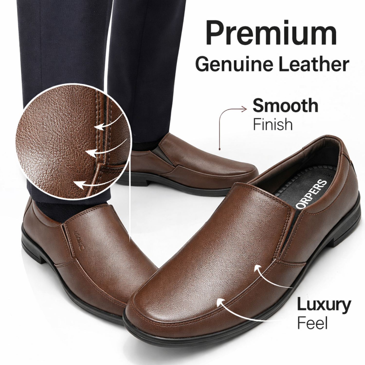 ORPERS brown genuine leather slip-on formal shoes with smooth finish and luxury feel