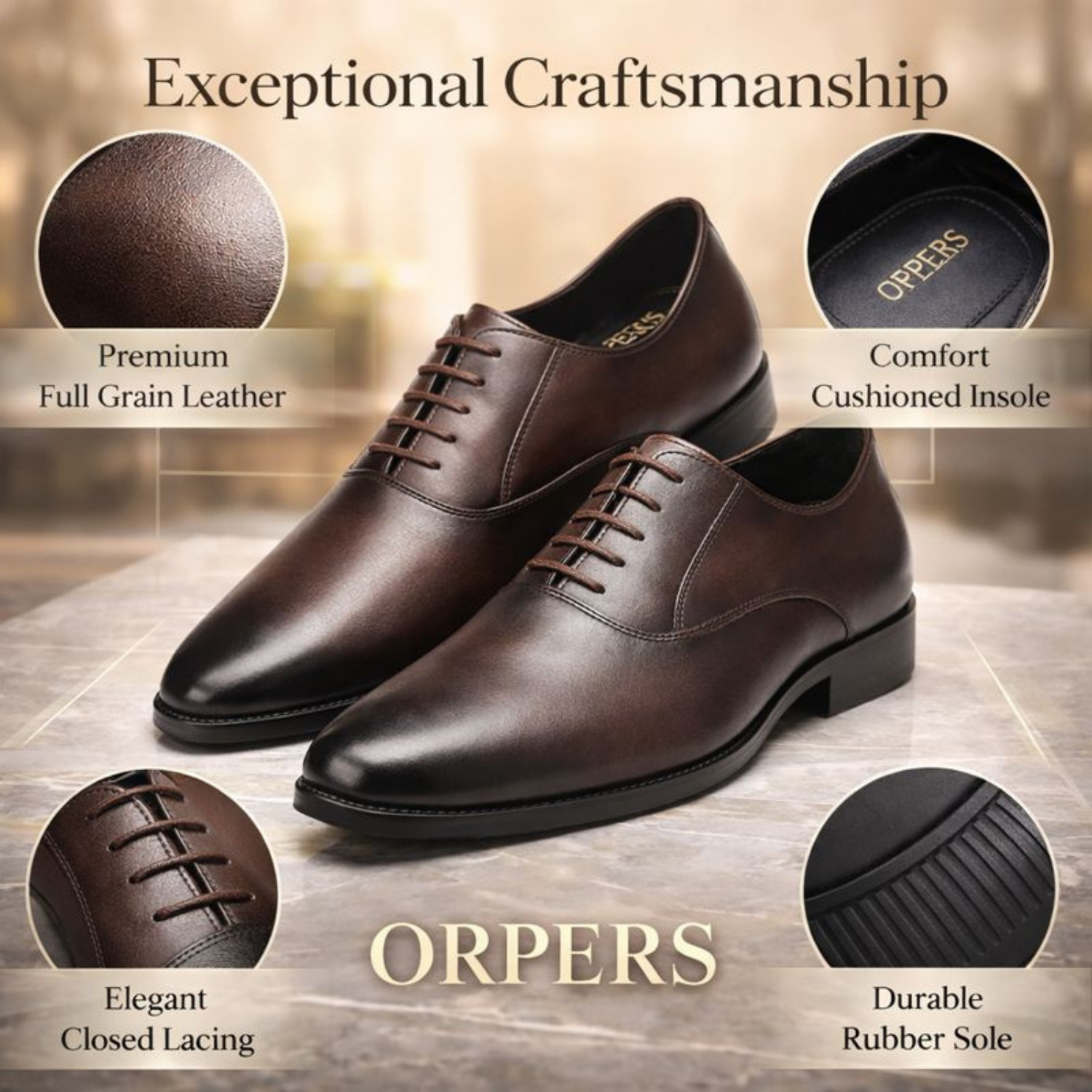 Pair of brown full-grain leather Oxford shoes with closed lacing and durable rubber sole, displayed with craftsmanship highlights
