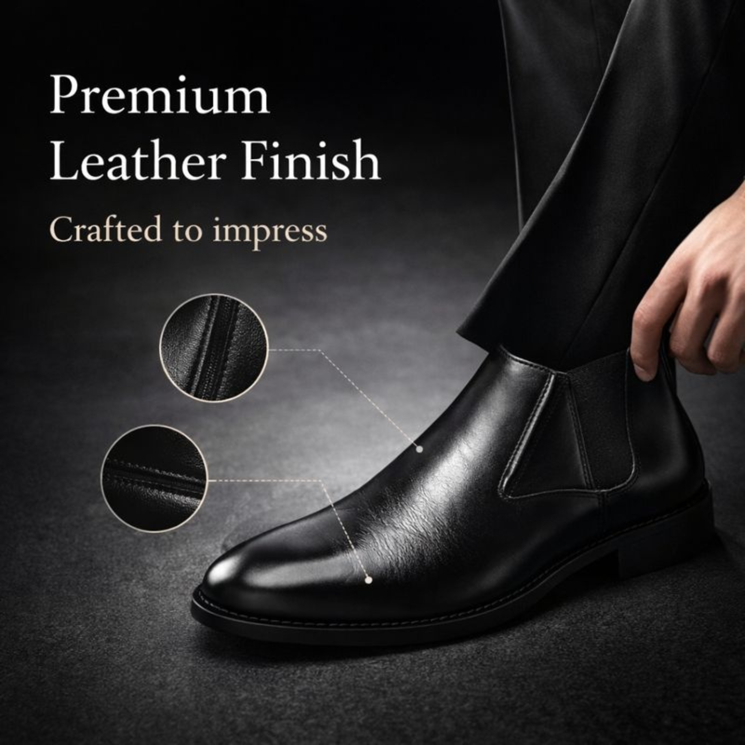 Black leather Chelsea boot with premium polished finish and elastic side panels, shown in a close-up detail view.