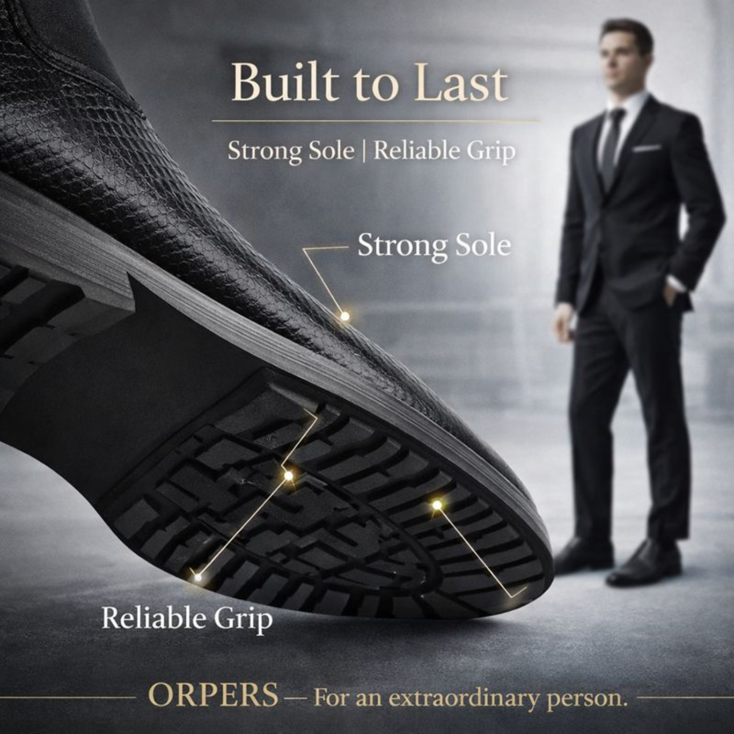 Close-up of black textured leather Chelsea boot sole highlighting strong tread pattern and grip, with a suited man blurred in the background.