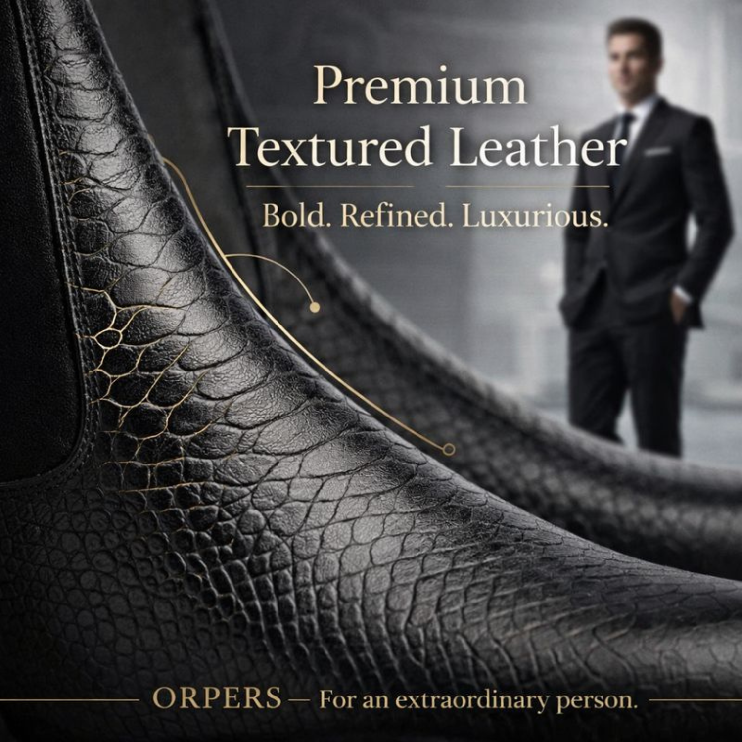 Close-up of black textured leather Chelsea boot highlighting premium grain pattern, with a suited man blurred in the background.