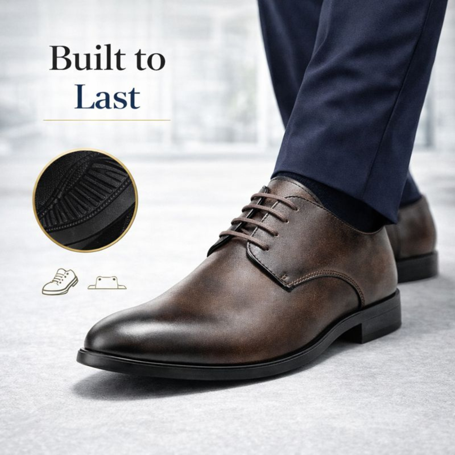 ORPERS brown leather Oxford shoe with smooth gradient finish, worn with navy trousers, highlighting durable sole construction.