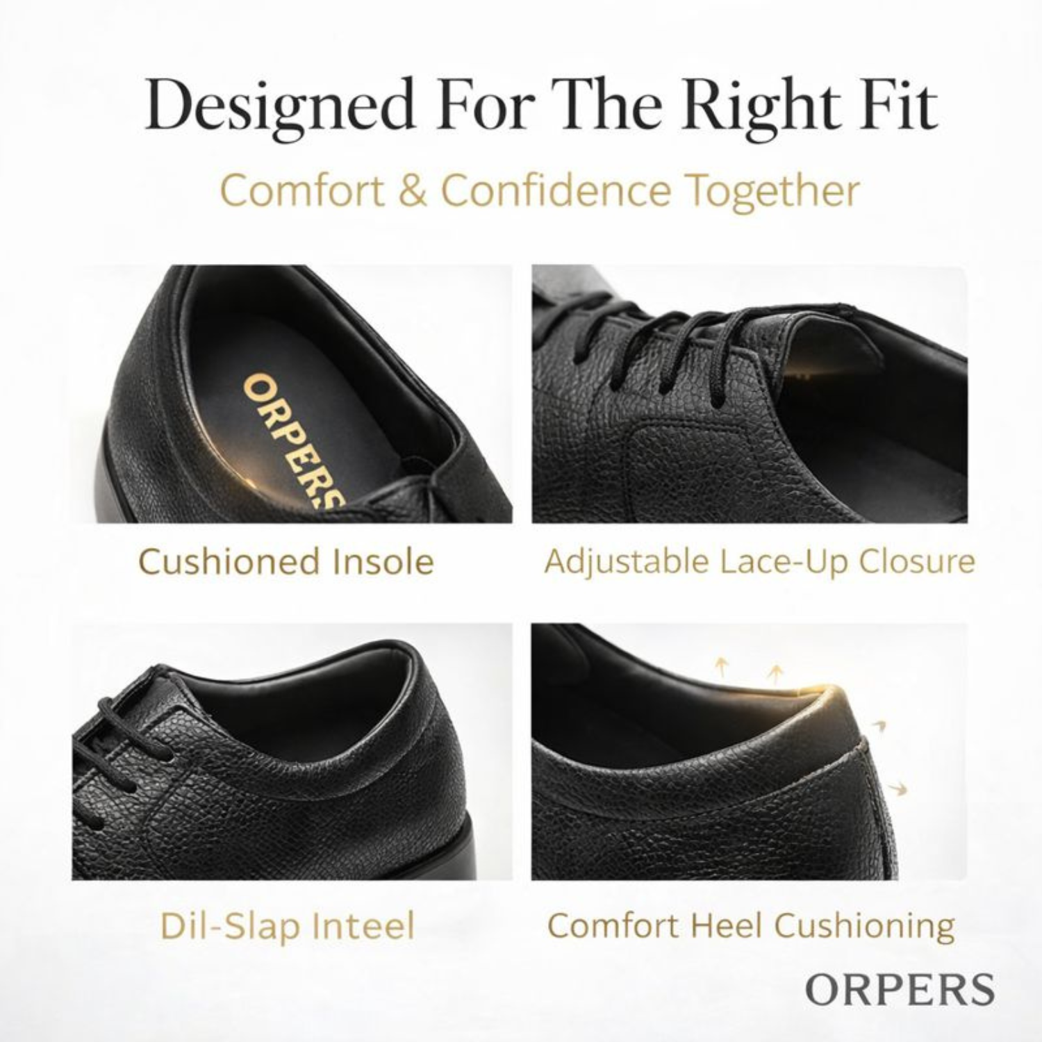 Close-up collage of ORPERS black textured leather formal shoes highlighting cushioned insole, adjustable lace-up closure, anti-slip sole, and heel cushioning for comfort and fit.