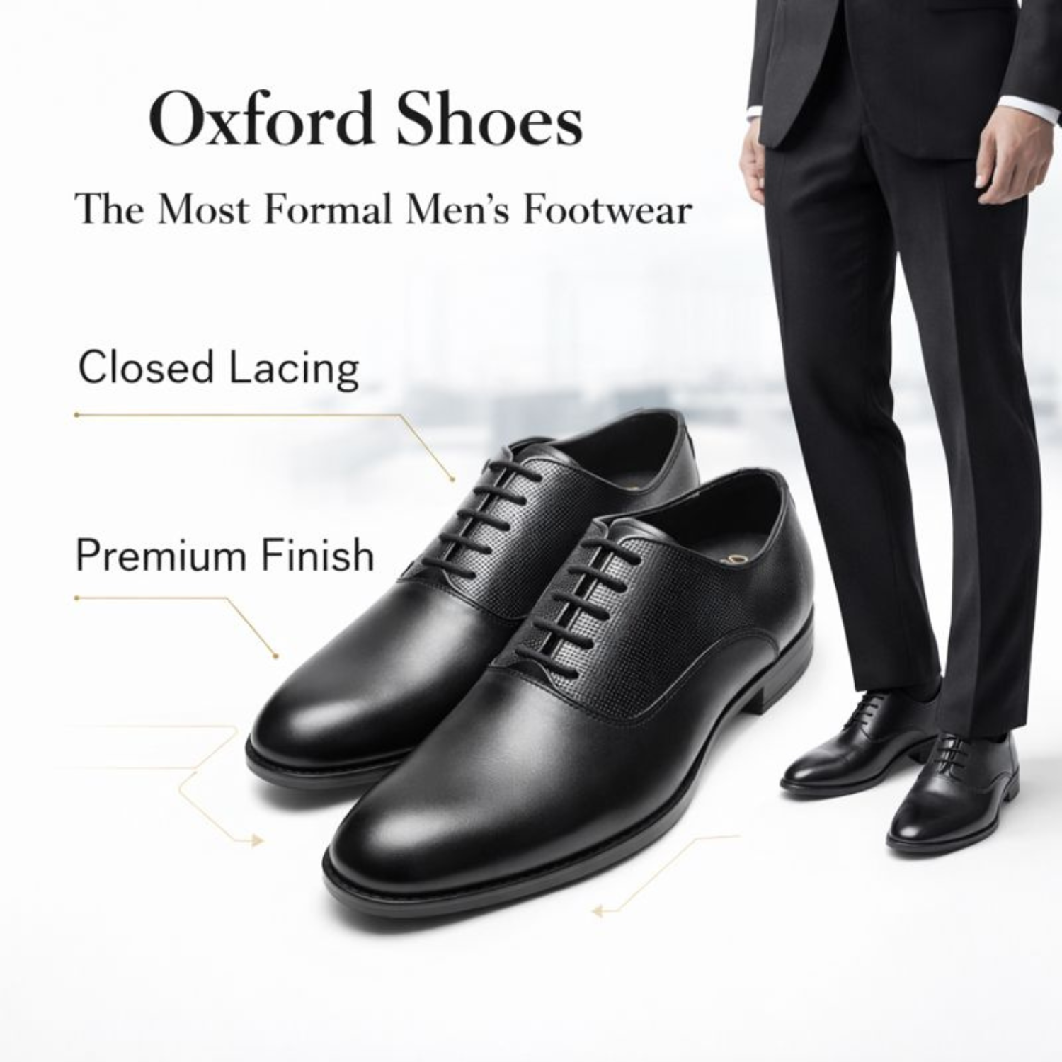 ORPERS black plain toe Oxford shoes with closed lacing and premium finish, shown with business suit styling