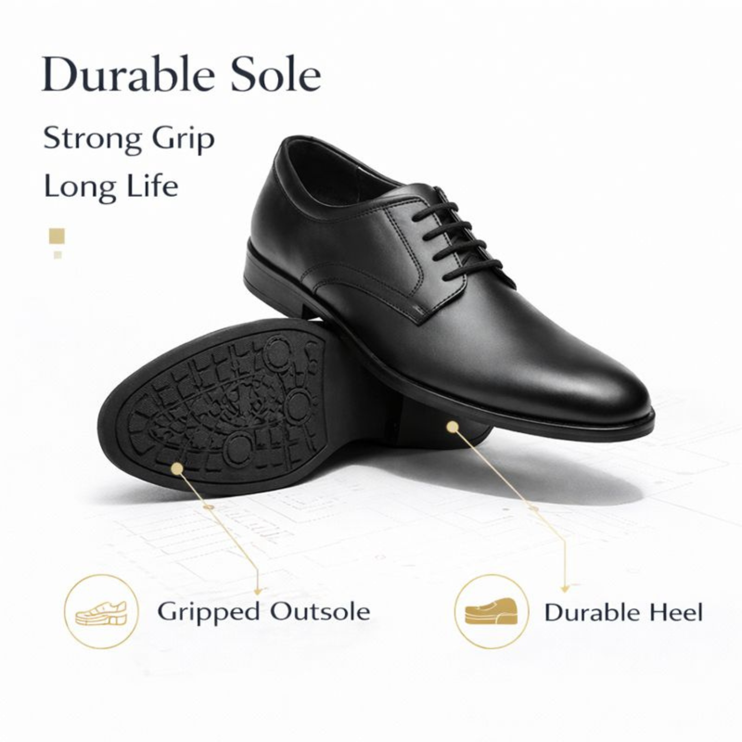 ORPERS black leather Derby shoes with durable sole, gripped outsole, and strong heel support