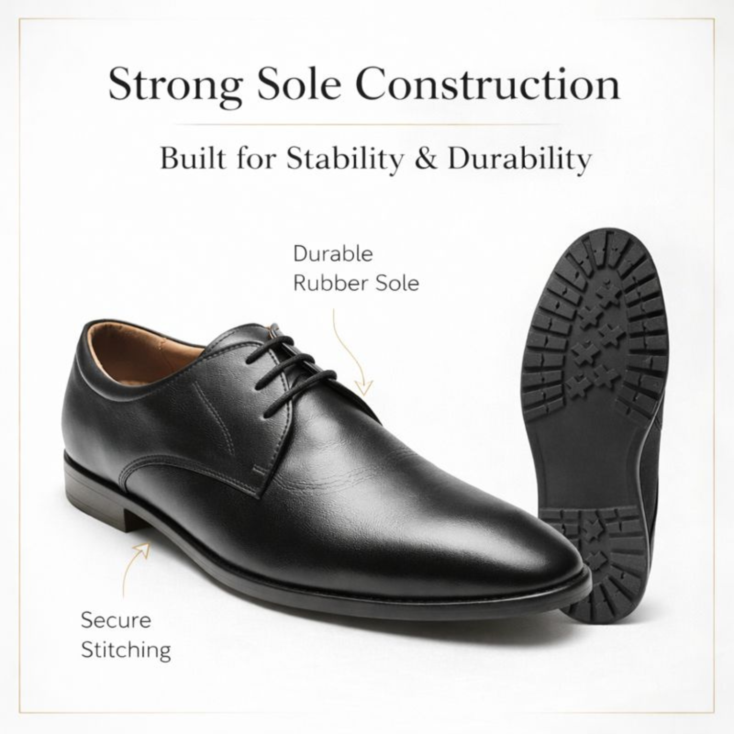 Black leather Oxford shoe with durable rubber sole and secure stitching detail, showcasing strong sole construction by ORPERS
