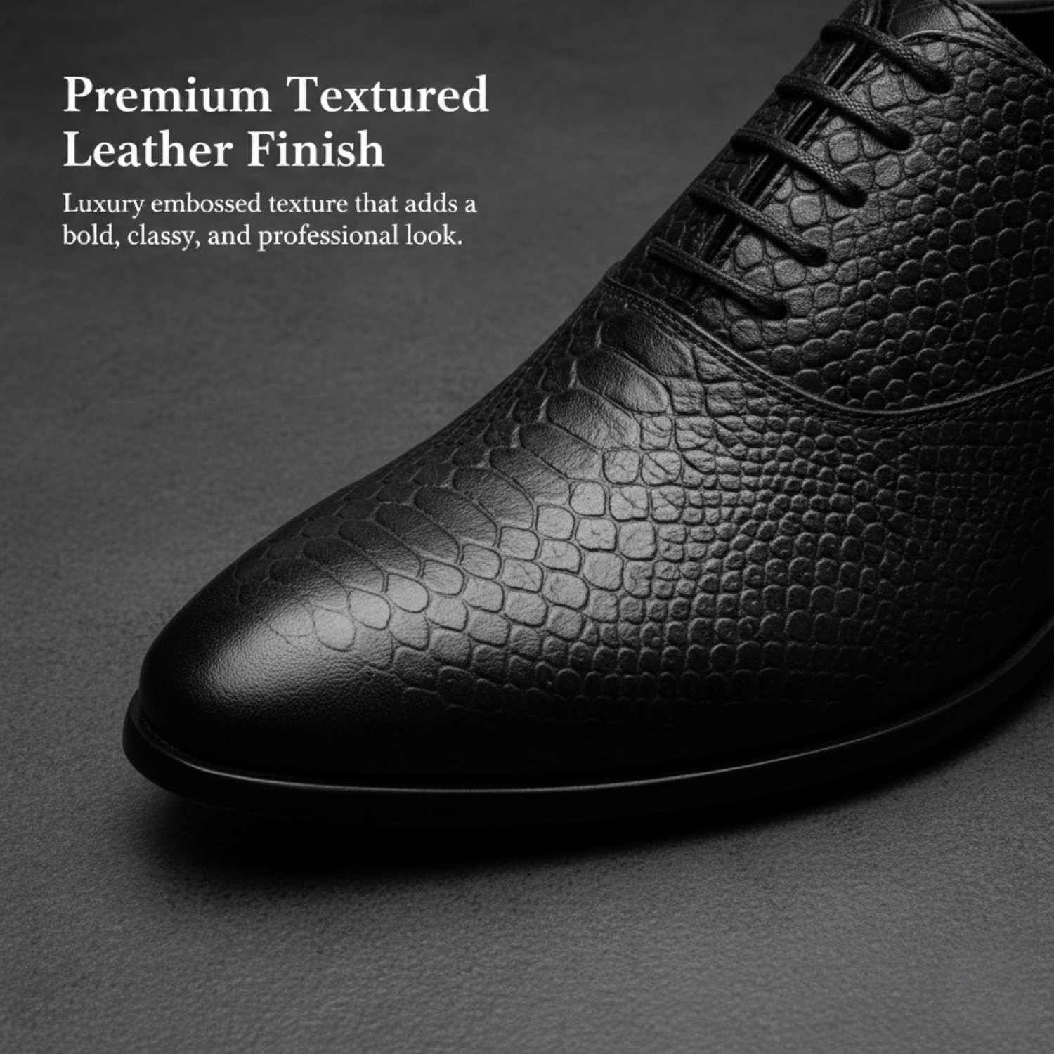 Close-up of black textured leather Oxford shoe showcasing premium embossed reptile-pattern finish