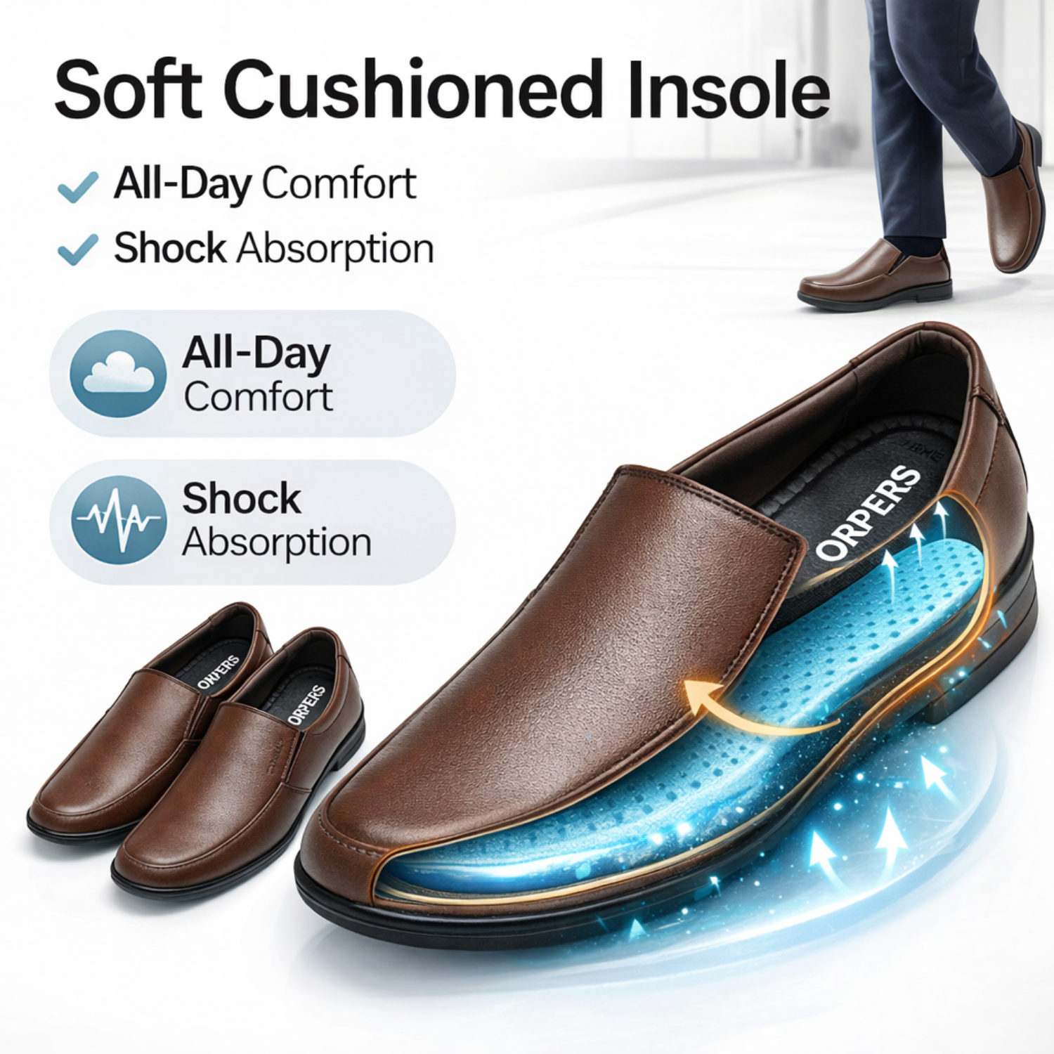 ORPERS brown leather slip-on shoes with soft cushioned insole and shock absorption technology