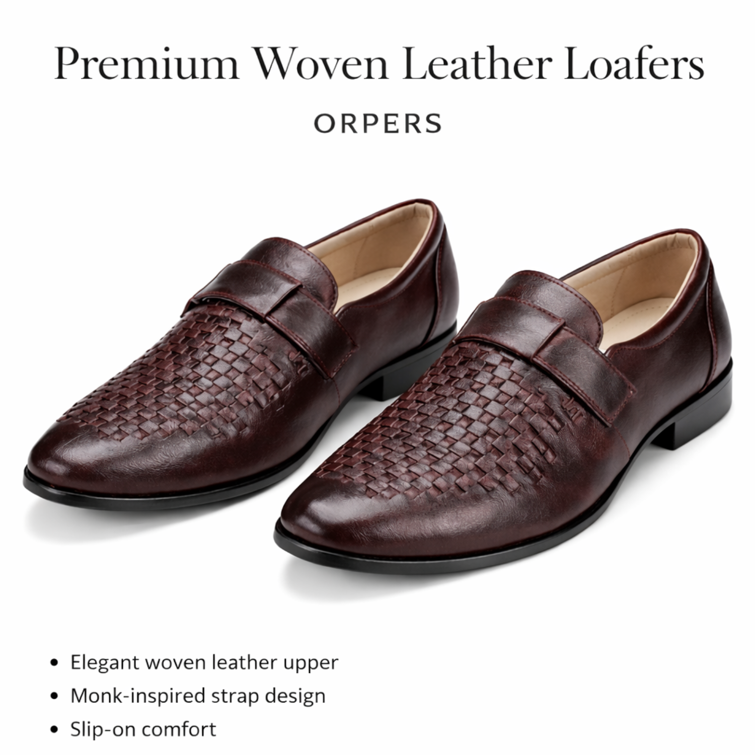 ORPERS premium brown woven leather loafers with monk-inspired strap and slip-on design