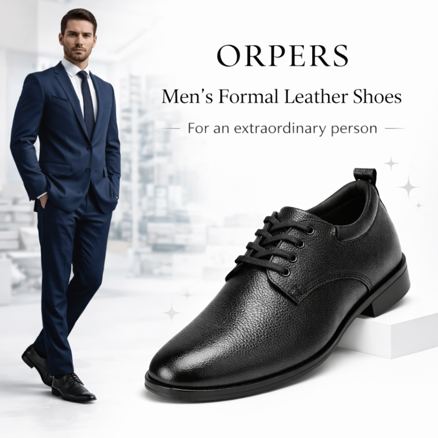 ORPERS black textured leather lace-up formal shoe displayed beside a man in a navy business suit