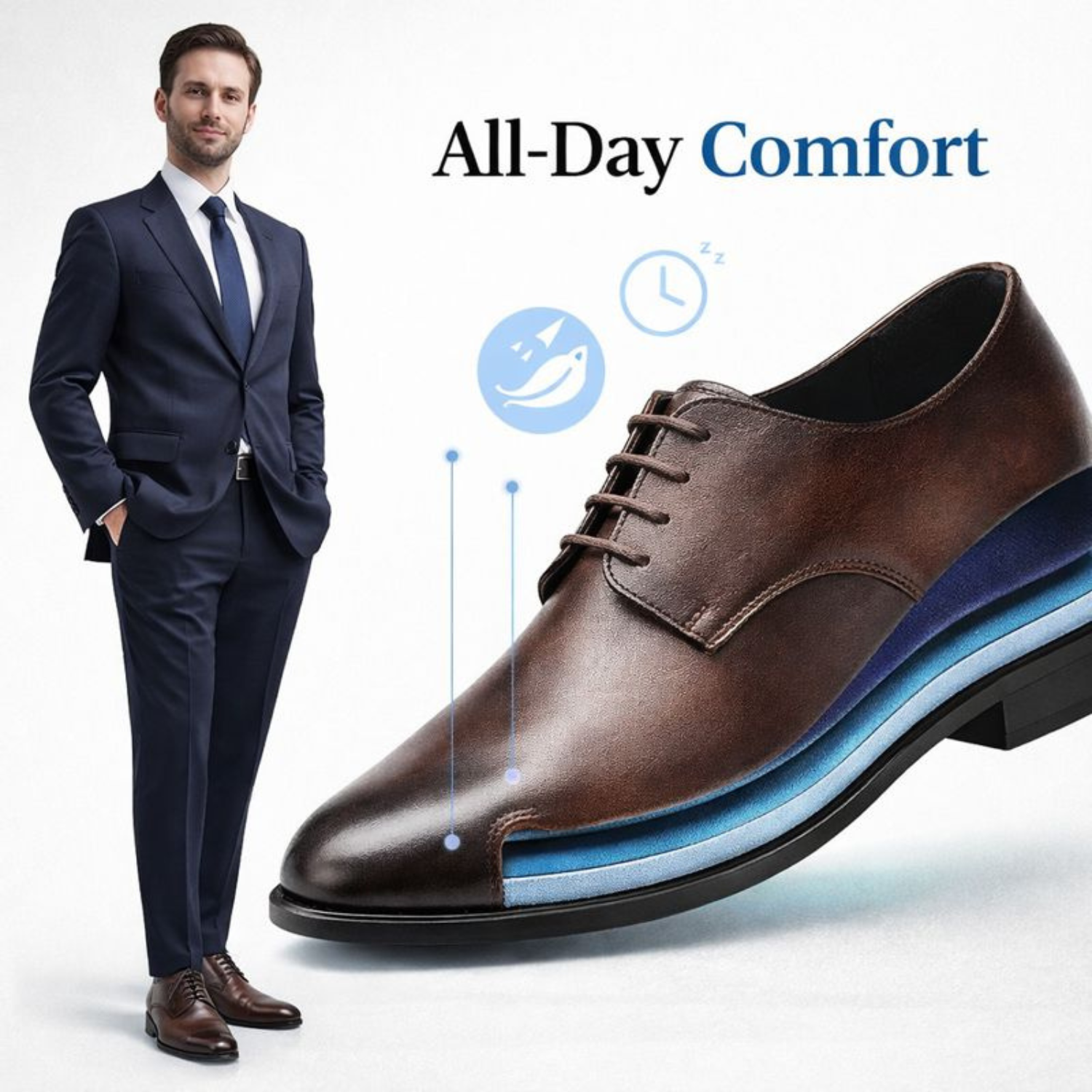 ORPERS brown leather Oxford shoe with visible cushioned inner sole layers, displayed beside a man in a navy suit under the heading “All-Day Comfort.”
