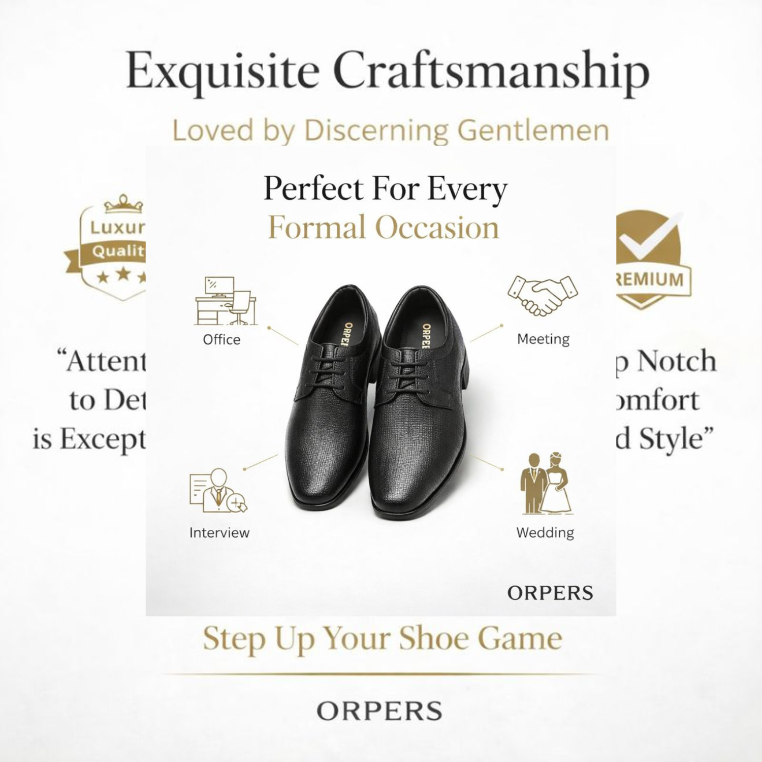 ORPERS black textured leather formal lace-up shoes displayed with icons showing office, meeting, interview, and wedding occasions, highlighting craftsmanship and formal elegance.