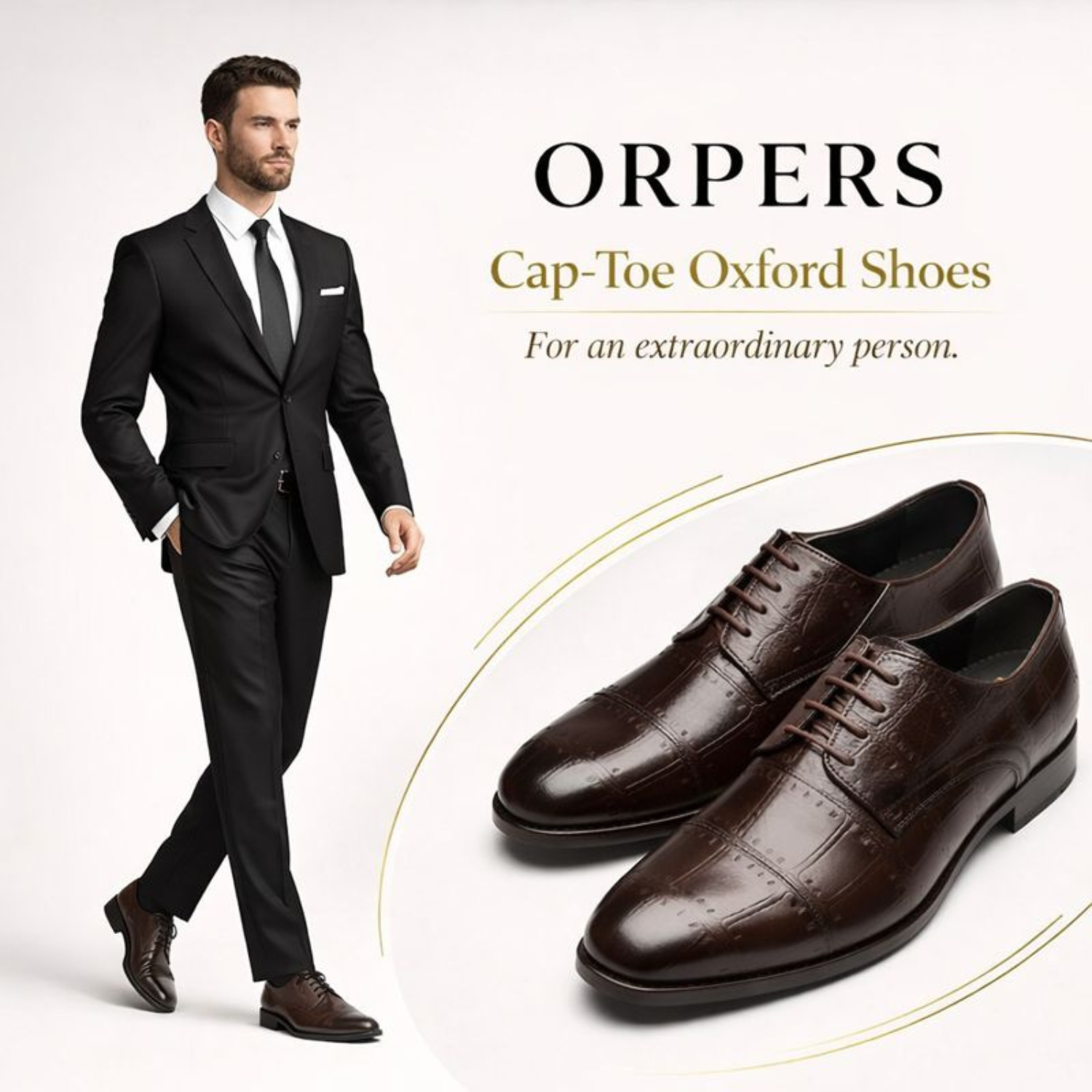 ORPERS brown cap-toe Oxford shoes in premium polished leather, paired with a black formal suit, ideal for office, meetings, and business occasions.