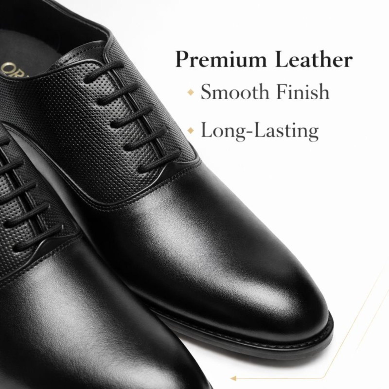Close-up of ORPERS black leather Oxford shoes showing smooth plain toe and textured quarter with closed lacing