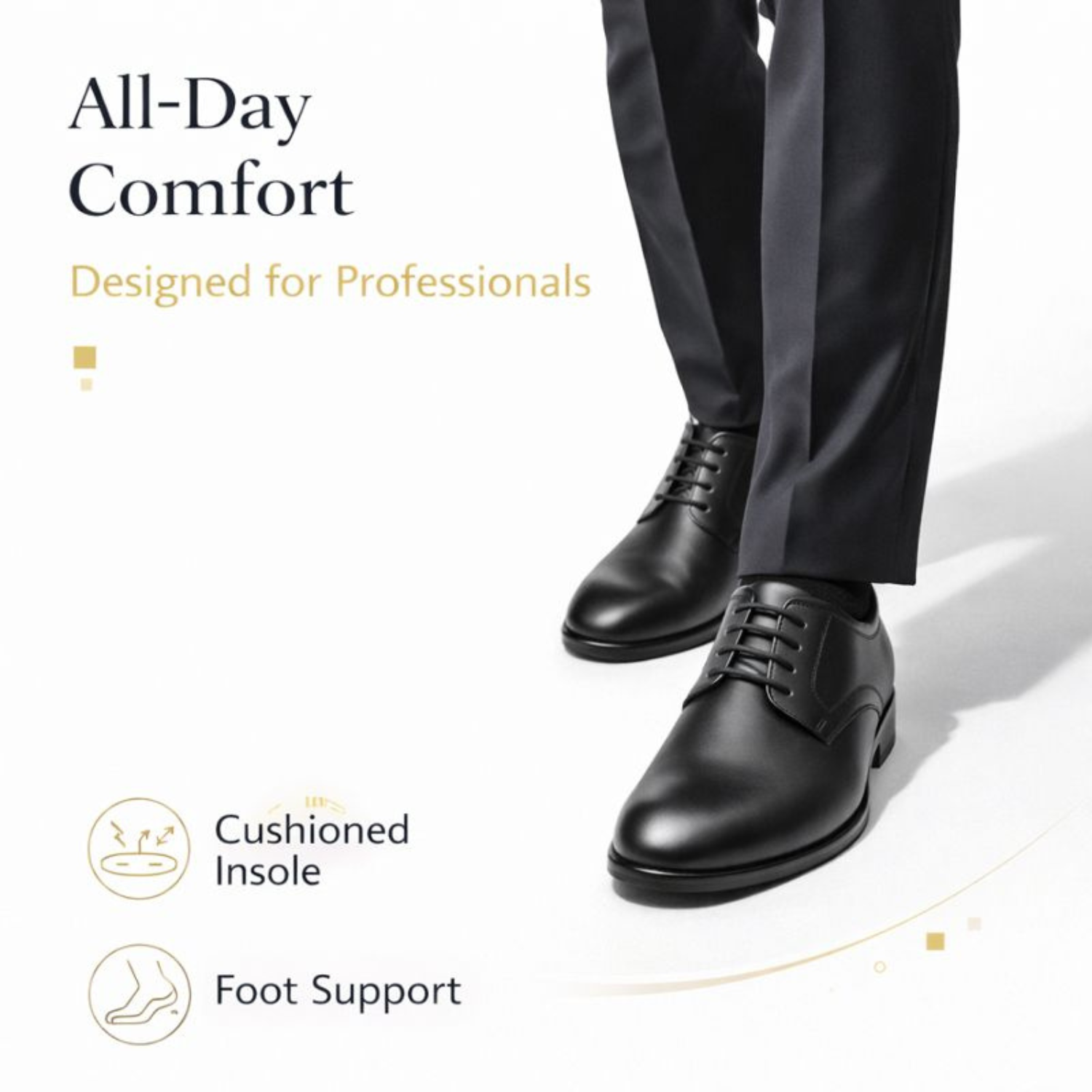 Man wearing ORPERS black leather Derby shoes with cushioned insole and foot support for all-day comfort