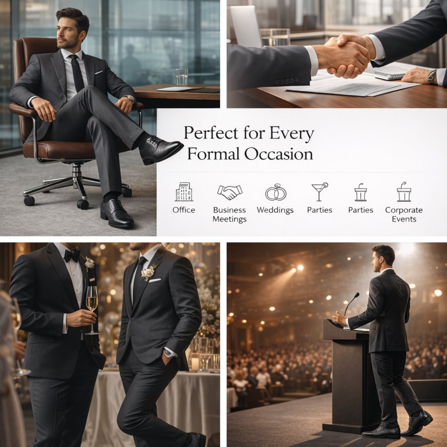 Collage of a man wearing black formal leather shoes at office, business meeting, wedding reception, and corporate event