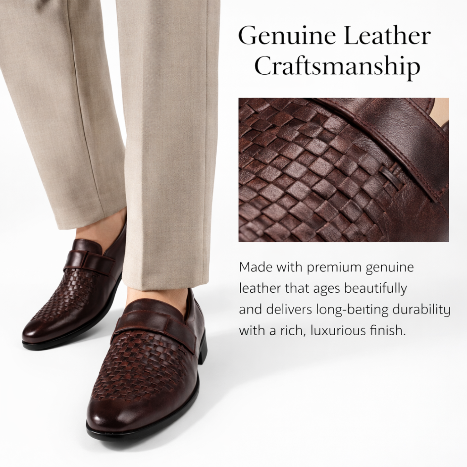 ORPERS brown woven genuine leather loafers worn with beige trousers, highlighting premium craftsmanship