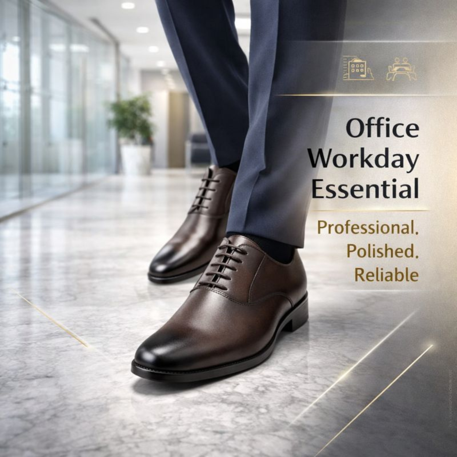 Brown leather Oxford shoes with closed lacing worn in a modern office hallway, highlighted as a professional workday essential