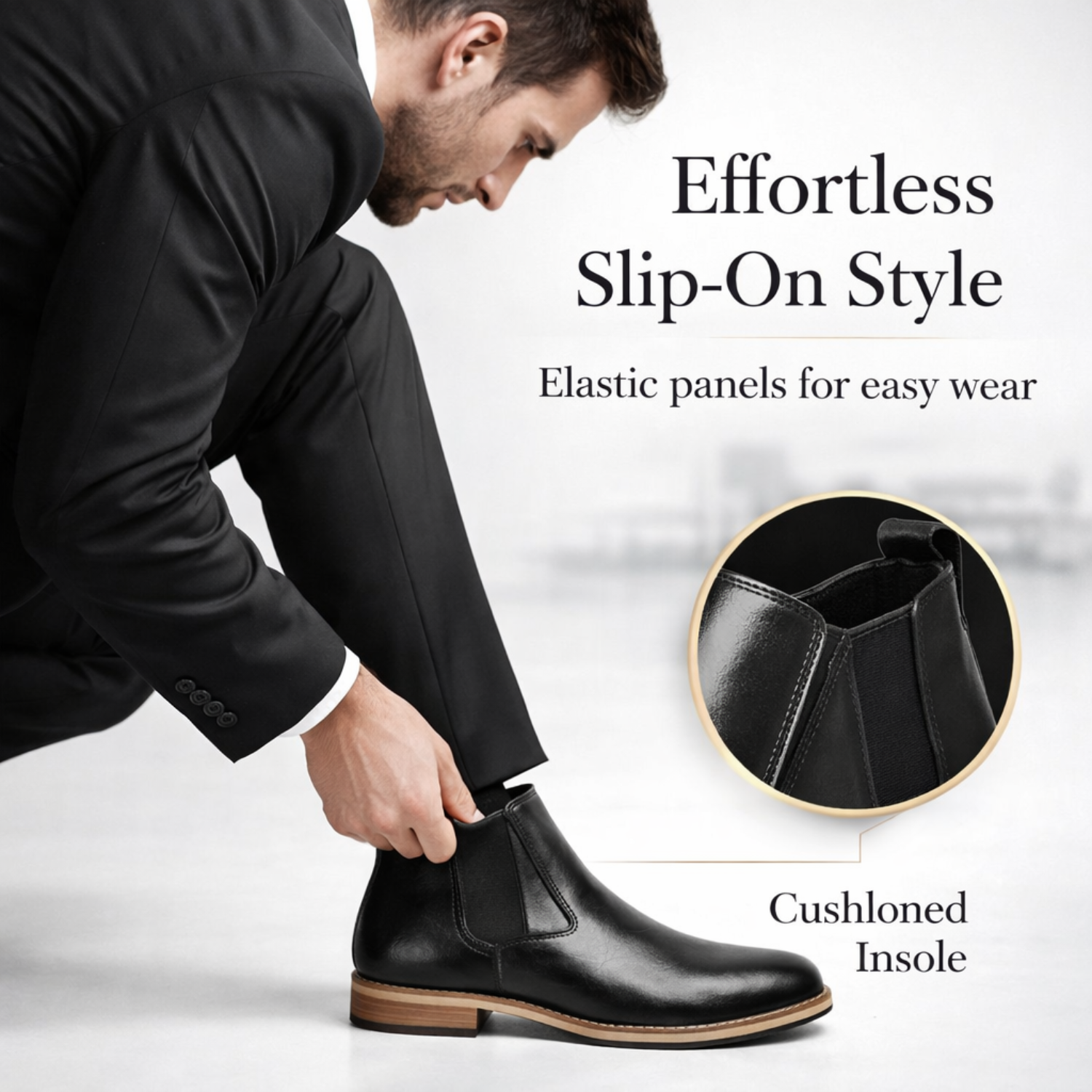 Man wearing black ORPERS Chelsea boots with elastic side panels, highlighting effortless slip-on style and cushioned insole.