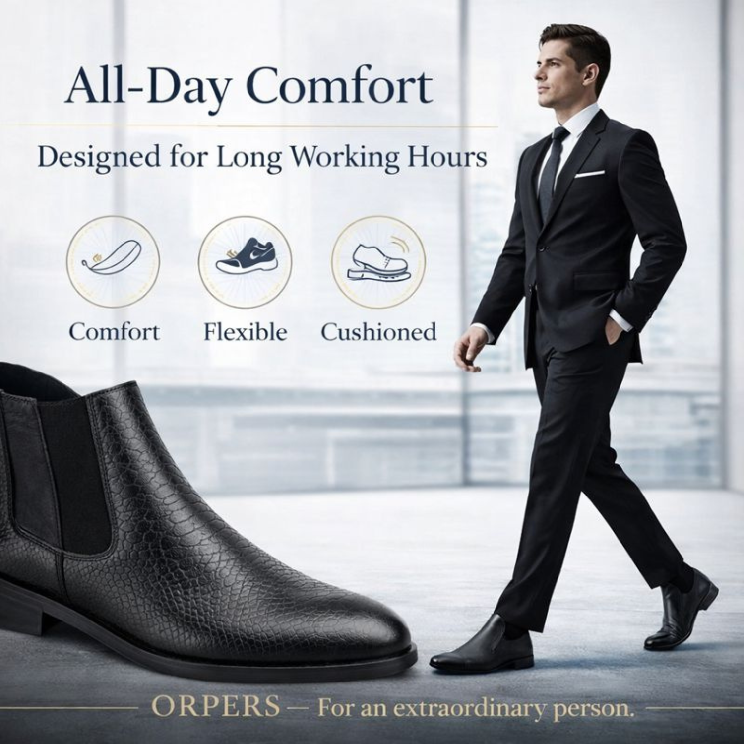 Black textured leather Chelsea boot with a suited man walking confidently in an office setting, highlighting all-day comfort, flexibility, and cushioned support.