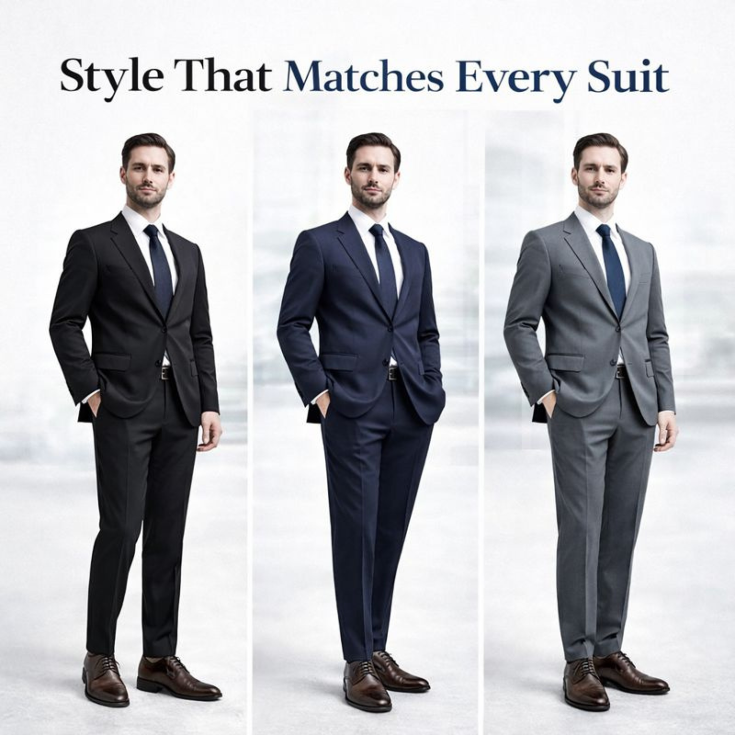 Three men wearing black, navy, and grey suits styled with brown ORPERS leather Oxford shoes under the heading “Style That Matches Every Suit.”
