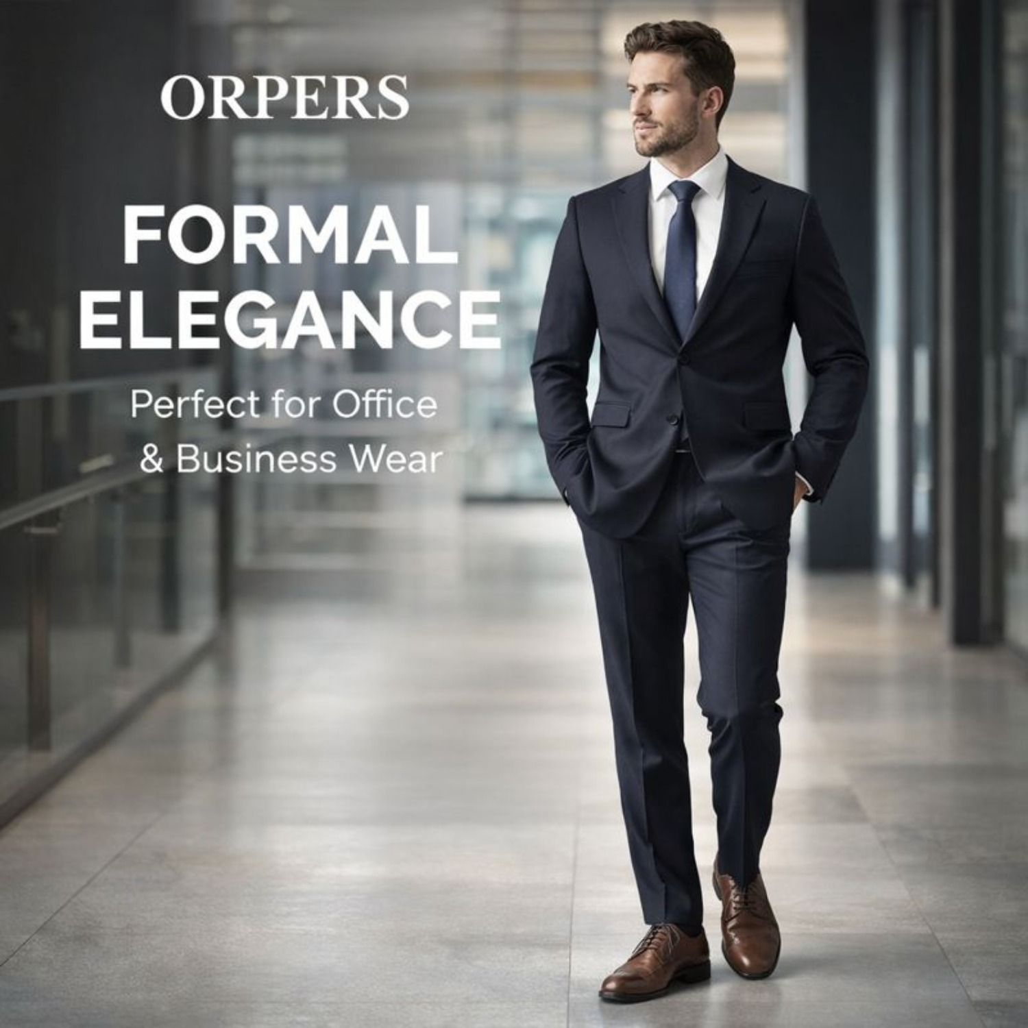 Man wearing a navy business suit paired with brown ORPERS formal leather shoes, walking confidently in a modern office corridor.